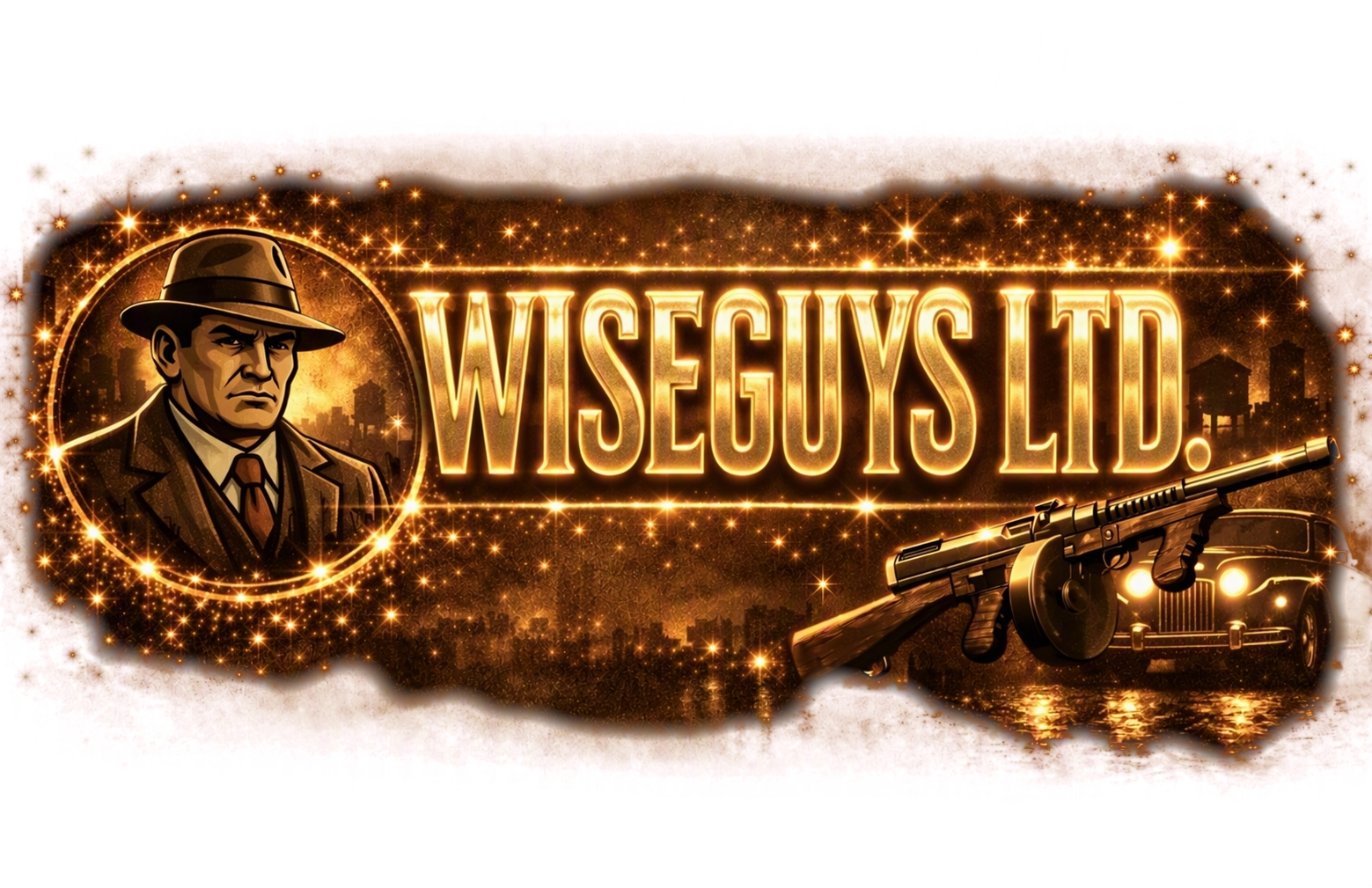 Wiseguy — gold lettering beside a fedora-wearing gangster, a tommy gun and a vintage car under a city skyline
